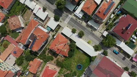 Daylight top-down drone view of Obzor road crossing in Bulgaria Stock Footage 344472140