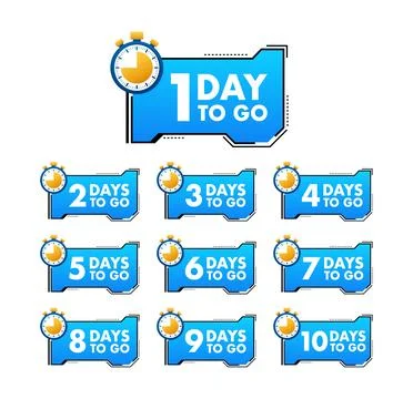 Days countdown. Days to go 1 2 3 4 5 6 7 8 9 10. The days left badges set Stock Illustration