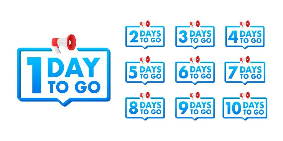 Days countdown. Days to go 1 2 3 4 5 6 7 8 9 10. The days left badges set Stock Illustration