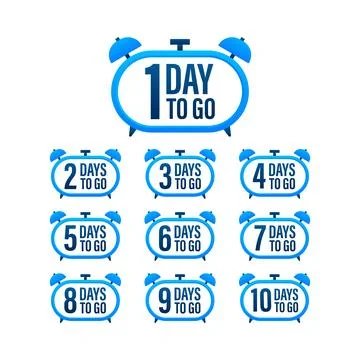 Days countdown. Days to go 1 2 3 4 5 6 7 8 9 10. The days left badges set Stock-Illustration