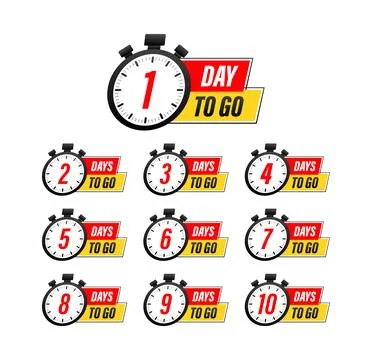 Days countdown. Days to go 1 2 3 4 5 6 7 8 9 10. The days left badges set Stock Illustration