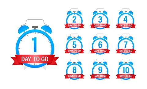 Days countdown. Days to go 1 2 3 4 5 6 7 8 9 10. The days left badges set Stock Illustration