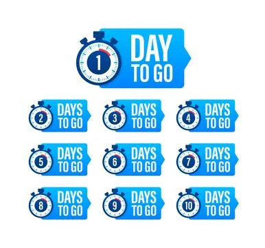 Days countdown. Days to go 1 2 3 4 5 6 7 8 9 10. The days left badges set Stock Illustration