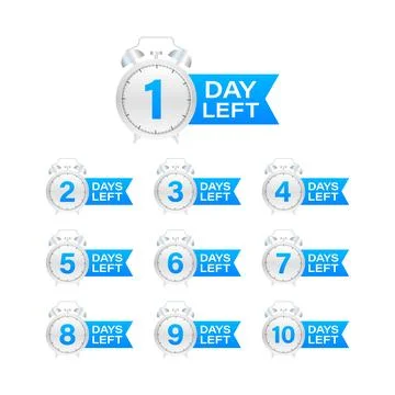 Days countdown. Days to go 1 2 3 4 5 6 7 8 9 10. The days left badges set Stock Illustration