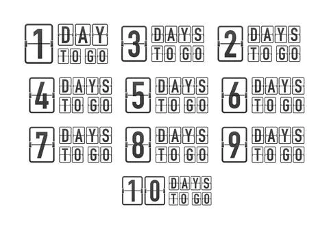 Days countdown. Days to go 1 2 3 4 5 6 7 8 9 10. The days left badges set Stock Illustration