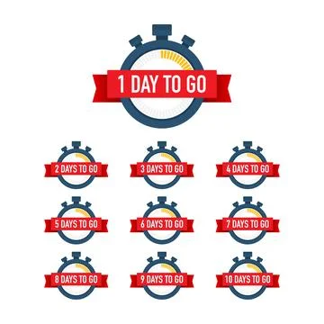 Days countdown. Days to go 1 2 3 4 5 6 7 8 9 10. The days left badges set Stock Illustration