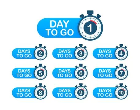 Days countdown. Days to go 1 2 3 4 5 6 7 8 9 10. The days left badges set Stock Illustration