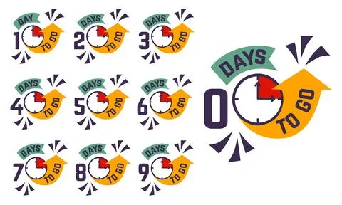 Days to go discount badges. Countdown labels for sale and special prices Stock Illustration