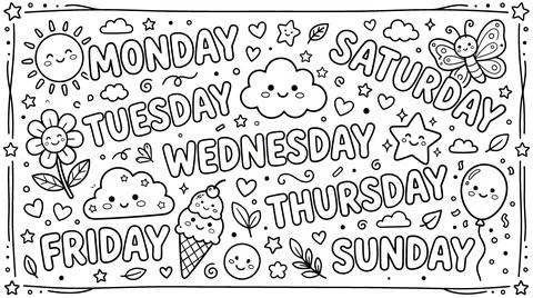 Days of the Week Coloring Page with Cute Characters and Elements 스톡 일러스트