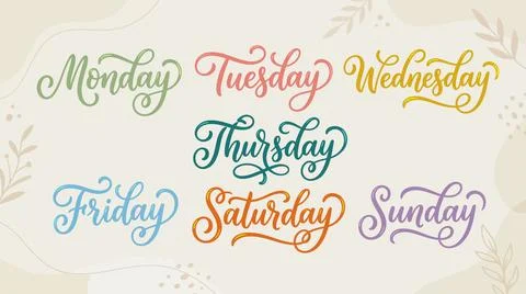 Days of the week displayed in calligraphy for planner design Stock Illustration