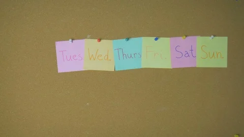 Days of week. Hands taking off sticky notes on pin board funny animation Stock Footage 98868619