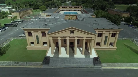 Daytime Aerial Drone View Flying Up Over Military Academy Front Building in San Stockbeeldmateriaal 345303914