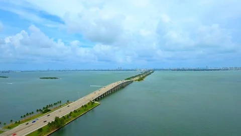 Daytime aerial shot of bridge over water in Miami, Florida Stock Footage 96233796
