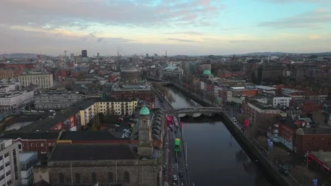Daytime Aerial View of Dublin's Riverside with Historical Architecture Stock Footage 332445515