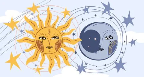 Daytime blue sky background, sun face symbol and moon face. Magic banner for Illustrazione stock