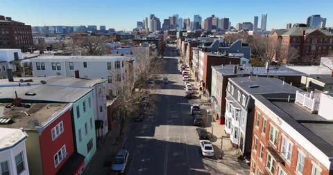 Daytime Drone Footage Flying Down Chelsea Street in East Boston Stock Footage 277915278