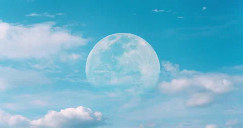 Daytime glowing full moon in the blue sky. Clouds fast moving over big moon. Video stock 165337843