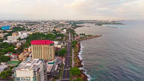 Daytime High Aerial Drone View Flying Forward along Coastal Highway at Santo Vidéo 345044038