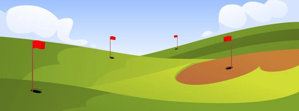 Daytime landscape of a rolling golf course with flags, holes, and a blue sky. Illustration