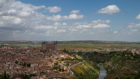 Daytime panoramic timelapse of Toledo with River Gorge and fast-moving clouds Stock Footage 325910073