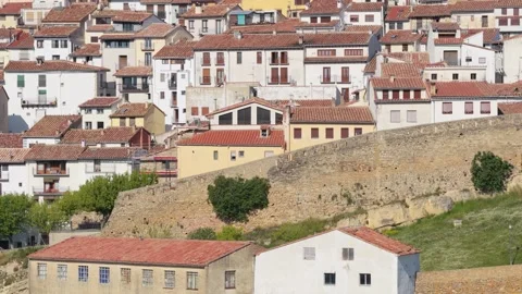 Daytime panoramic view of the historic stone city walls and traditional Spanish Stock Footage 346719361