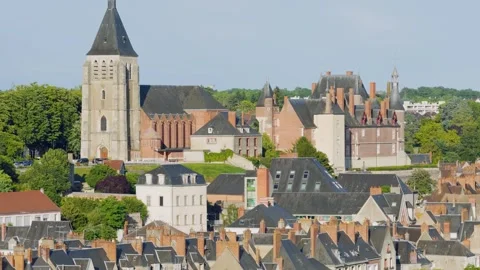Daytime panoramic view of the historic town center of Gien, France, featuring Stock Footage 346664663