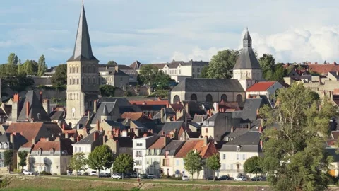 Daytime panoramic view of the historic town of La Charite-sur-Loire, France Stock Footage 346704705