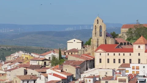 Daytime panoramic view of Morella, Spain, featuring traditional terracotta Stock Footage 346717620