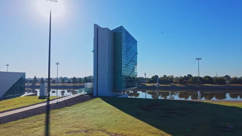 Daytime shot of Finish Line Tower and other buildings along the Oklahoma River, Stock Footage 340924511
