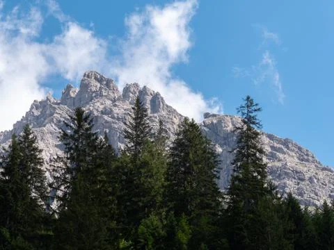 Daytime summer, mountains in the background with trees, rocks, and blue sky i Stock Photos