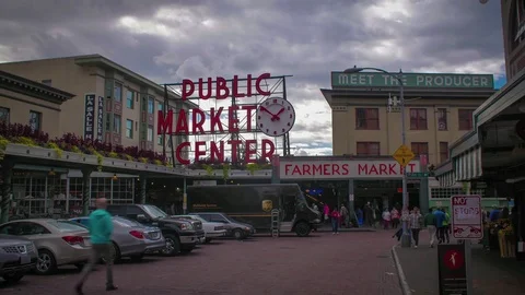 Daytime time-lapse pike place market exterior seattle moving clouds s Stock Footage 83424773