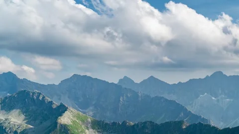 Daytime Timelapse: Lakefront View with Tatry Ridges and Clouds Stock Footage 308188937