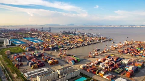 Daytime timelapse over a container harbor basin at Guangzhou Port Stock Footage 346447400