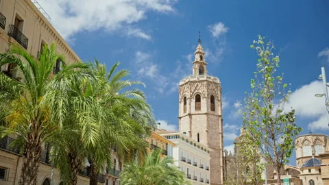 Daytime view of El Micalet bell tower rising above palm trees and surrounding Stock Footage 316850153
