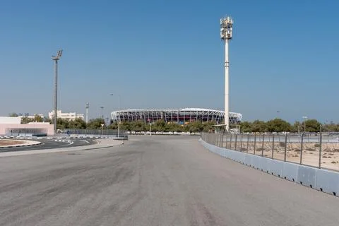 Daytime view of Stadium 974 with communication tower in Ras Abu Aboud, Doha. Stock Photos