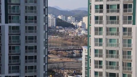 Daytime View of Taehwa River Between Apartment Buildings in Ulsan Stock Footage 260207722