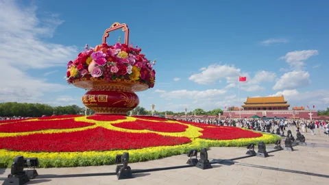 Daytime View of Tiananmen Square Center Flowerbed Giant Flower Basket Stock Footage 346799114