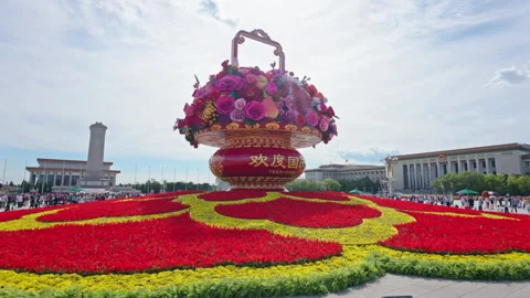 Daytime View of Tiananmen Square Center Flowerbed Giant Flower Basket Stock Footage 346799202