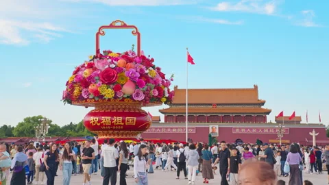 Daytime View of Tiananmen Square Center Flowerbed Giant Flower Basket Stock Footage 346799286