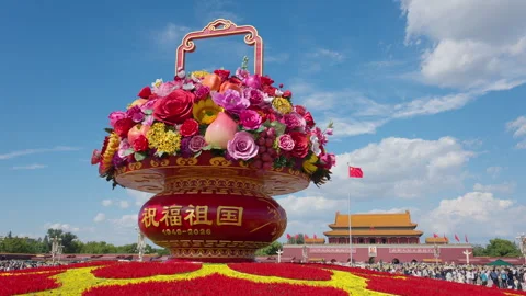 Daytime View of Tiananmen Square Center Flowerbed Giant Flower Basket Stock Footage 346799343