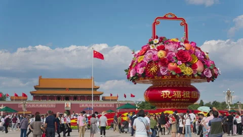 Daytime View of Tiananmen Square Center Flowerbed Giant Flower Basket Stock Footage 346799396