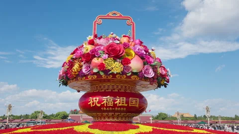 Daytime View of Tiananmen Square Center Flowerbed Giant Flower Basket Stock Footage 346799455