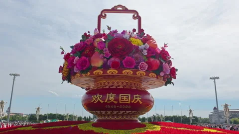 Daytime View of Tiananmen Square Center Flowerbed Giant Flower Basket Stock Footage 346799562