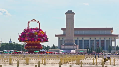 Daytime View of Tiananmen Square Center Flowerbed Giant Flower Basket Stock Footage 346799580