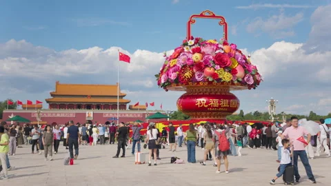 Daytime View of Tiananmen Square Center Flowerbed Giant Flower Basket Stock Footage 346799590