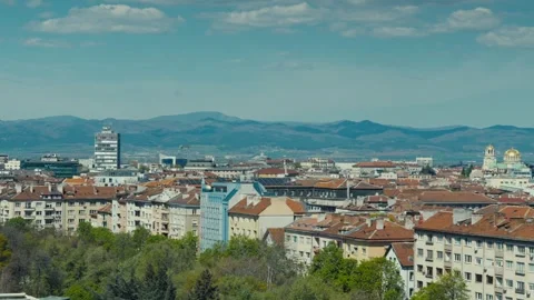 Daytime Wide Panoramic View of Sofia City Center Skyline with Alexander Nevsky Stock-Footage 343085785