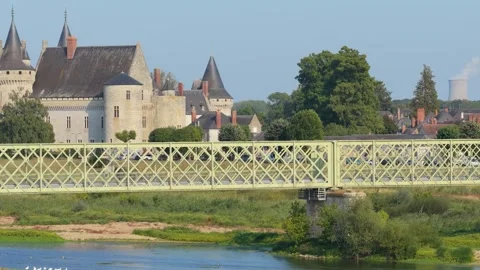 Daytime wide shot of the iconic Chateau de Sully-sur-Loire and its distinctive Stock Footage 346694571