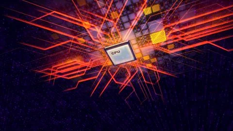 A dazzling 3d illustration of a flying CPU tablet sparkling with straight and Stock Illustration