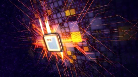 A dazzling 3d illustration of a square CPU processor sparkling with produced  Stock Illustration