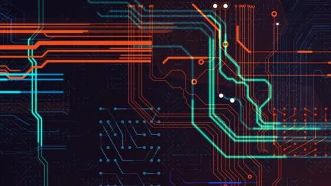 Dazzling 3d rendering of a breakthrough circuit board with orange, yellow and Stock Illustration